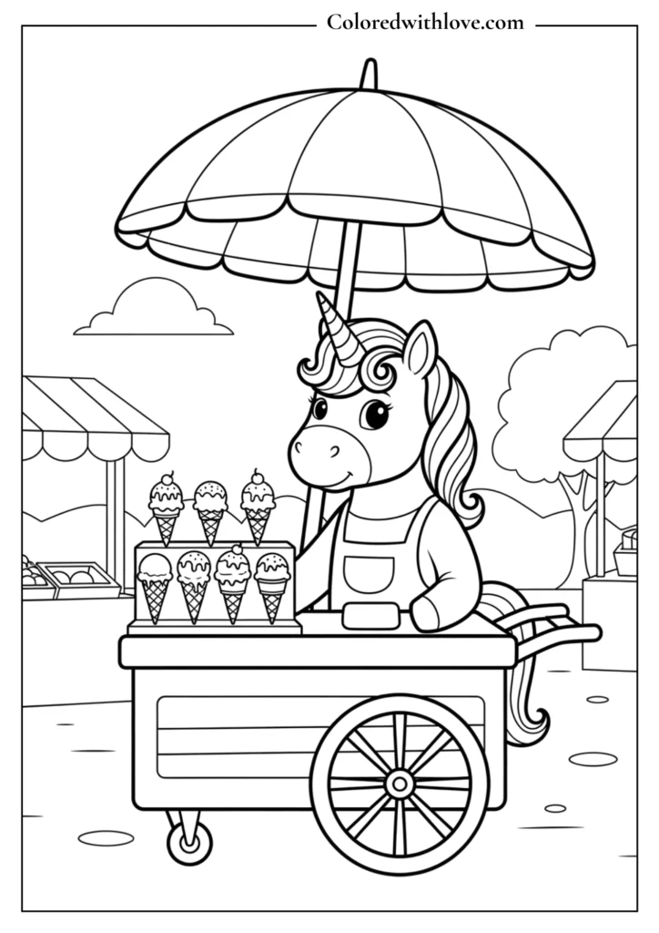 A unicorn selling ice cream with a striped umbrella,playful and fun for summer.