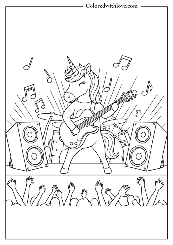 A unicorn rocking out on stage with a guitar.