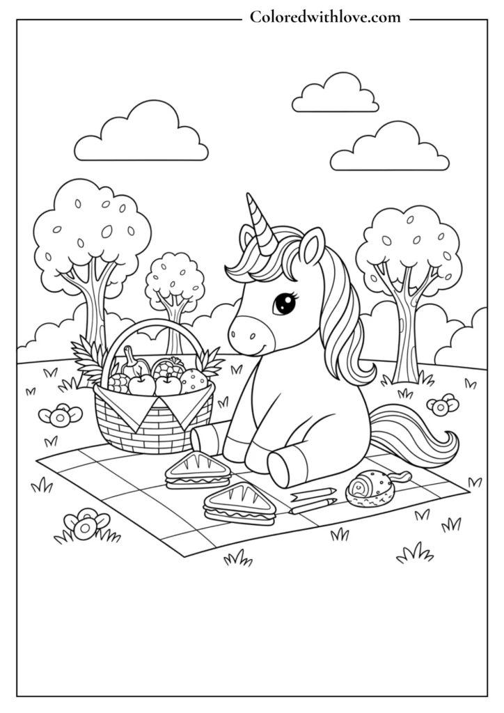 A unicorn enjoying a picnic outdoors with fruits and a blanket.

