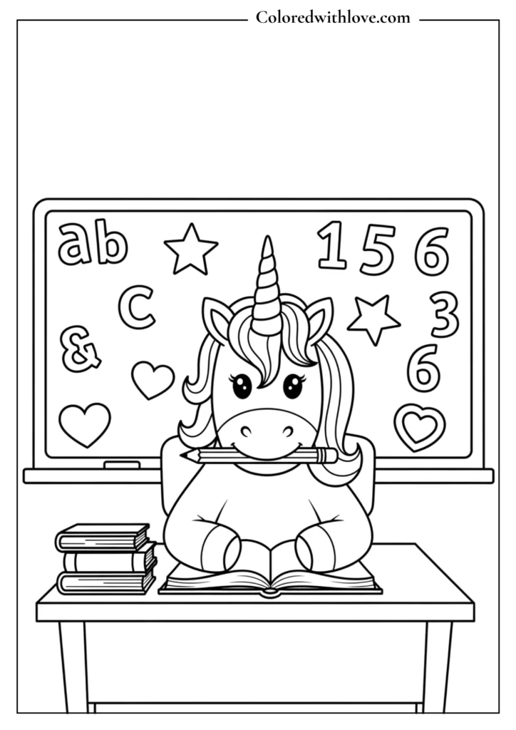 A unicorn sitting at a desk with books and a chalkboard behind