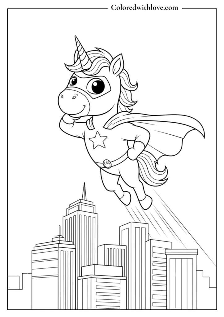 A flying superhero unicorn with a cape over a city skyline.