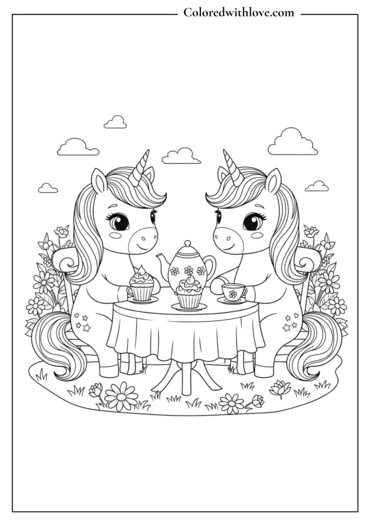 Two adorable unicorns having a tea party with cupcakes and flowers.