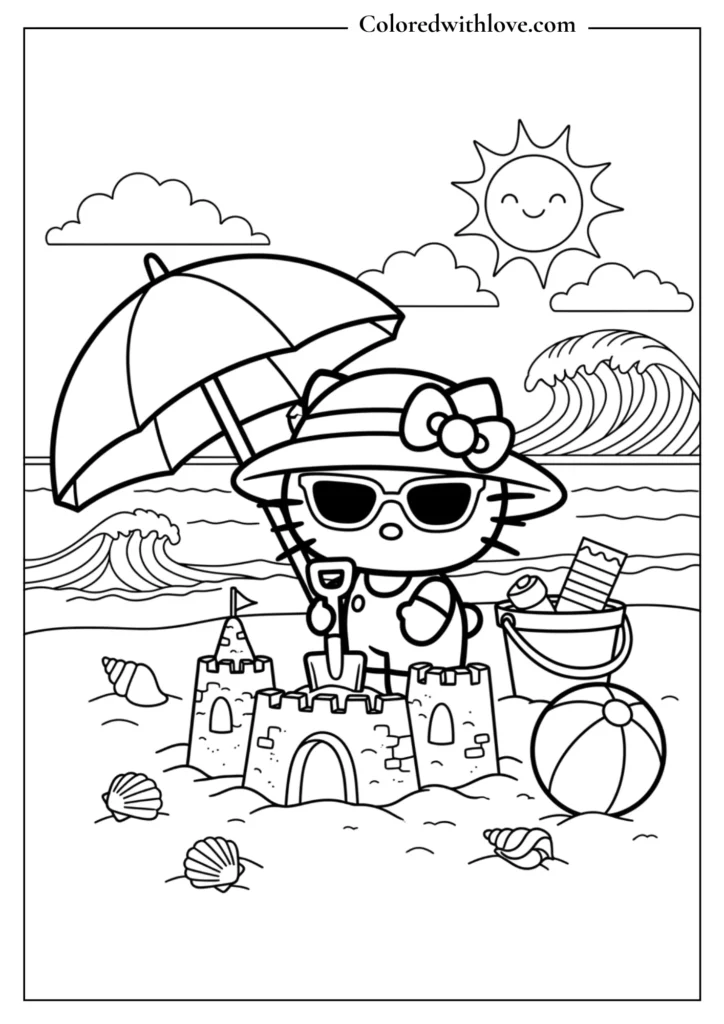 Hello Kitty wearing sunglasses and a sun hat building a sandcastle on the beach with umbrella, waves, and seashells, summer coloring page