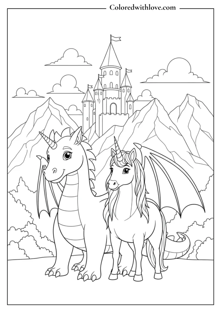 A friendly dragon and unicorn ready for adventure in front of a castle and mountains.