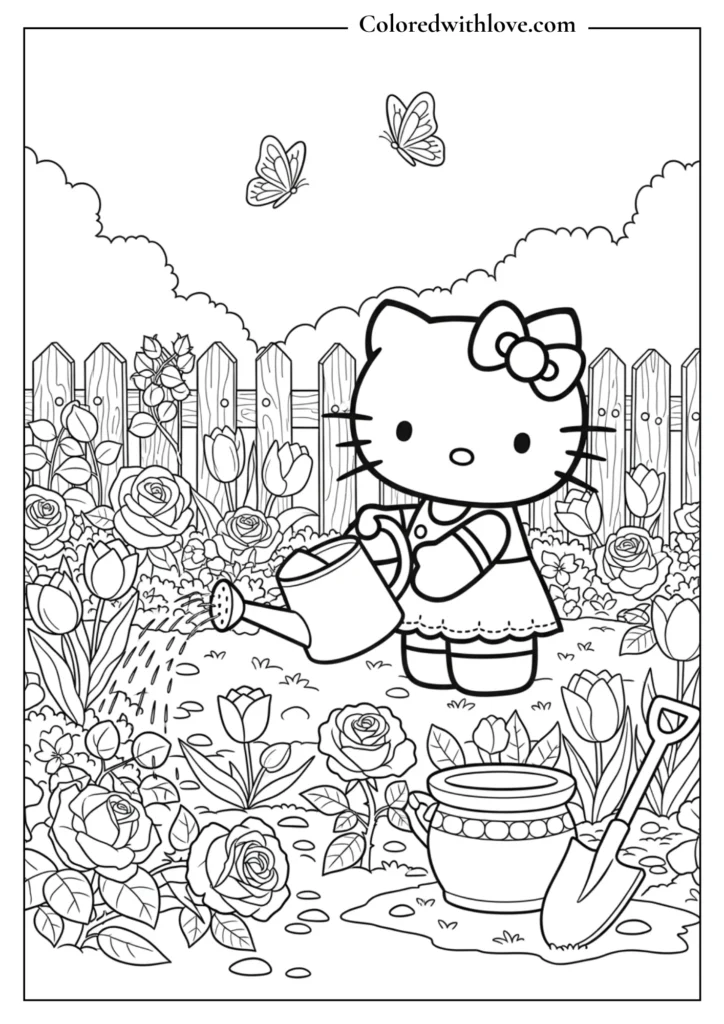 Hello Kitty watering flowers in a garden with roses and tulips near a wooden fence, spring garden coloring page for kids