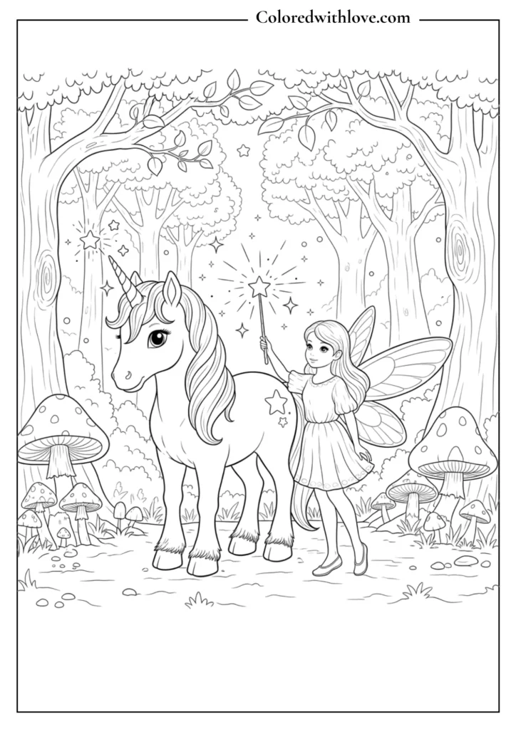 A unicorn and fairy standing together in a magical forest. This friendship-themed page is full of charm and wonder.