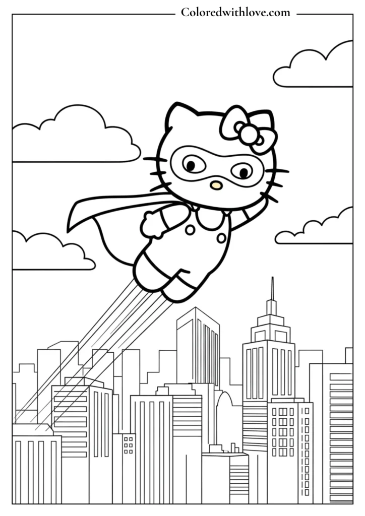 Super Hero Hello Kitty flying over a city skyline with cape and mask, cute superhero coloring page for kids