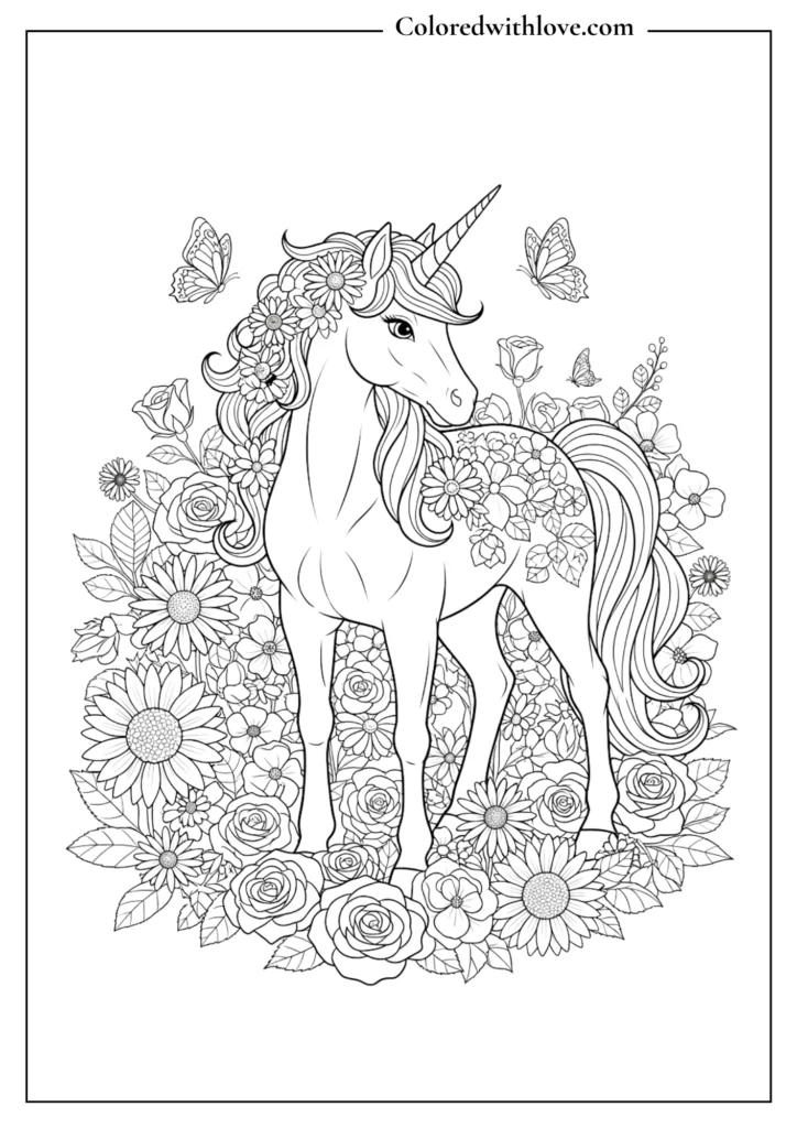 Surrounded by roses and butterflies, this floral unicorn page is perfect for springtime creativity.