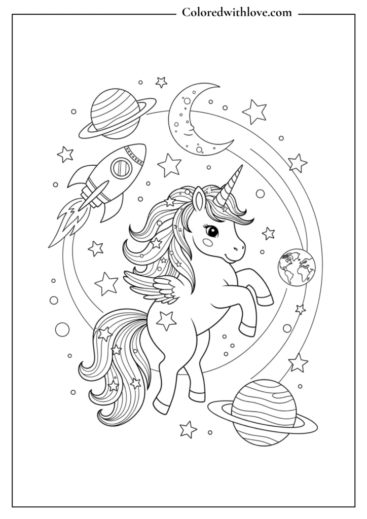 Planets, stars, and a floating unicorn in outer space. This design mixes fantasy and adventure in a fun way.