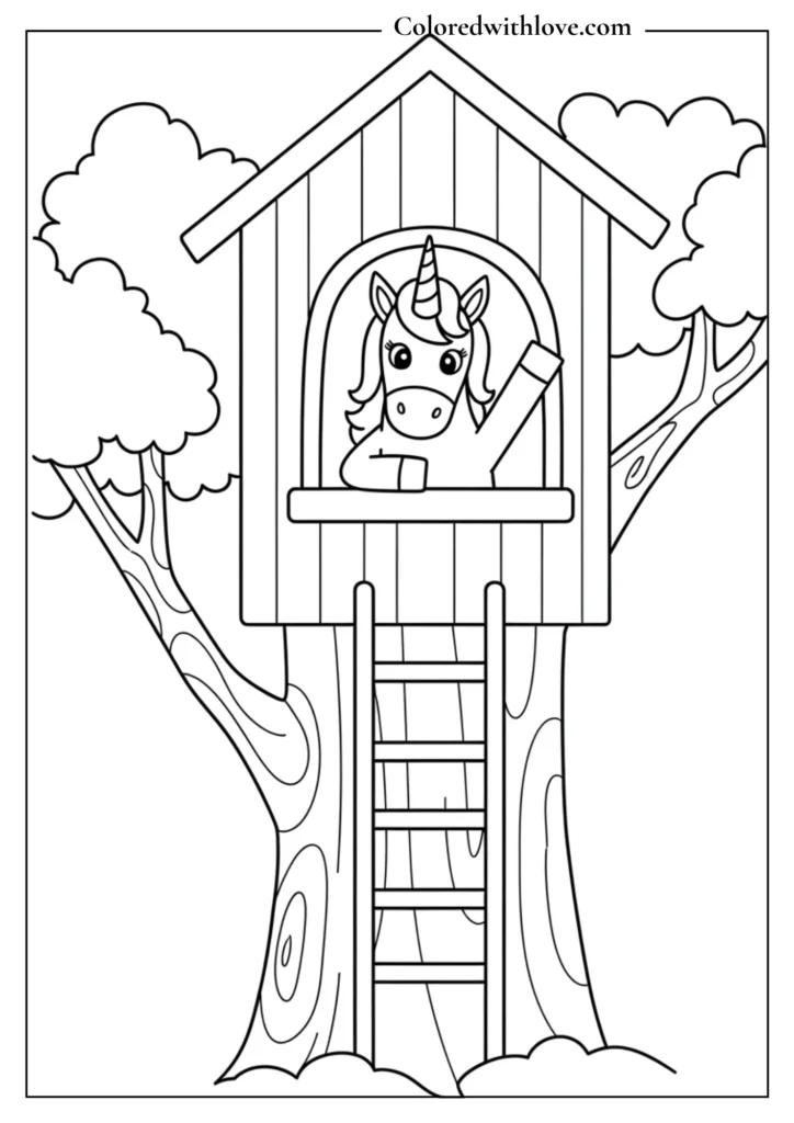 A cozy unicorn inside a magical treehouse in the forest.