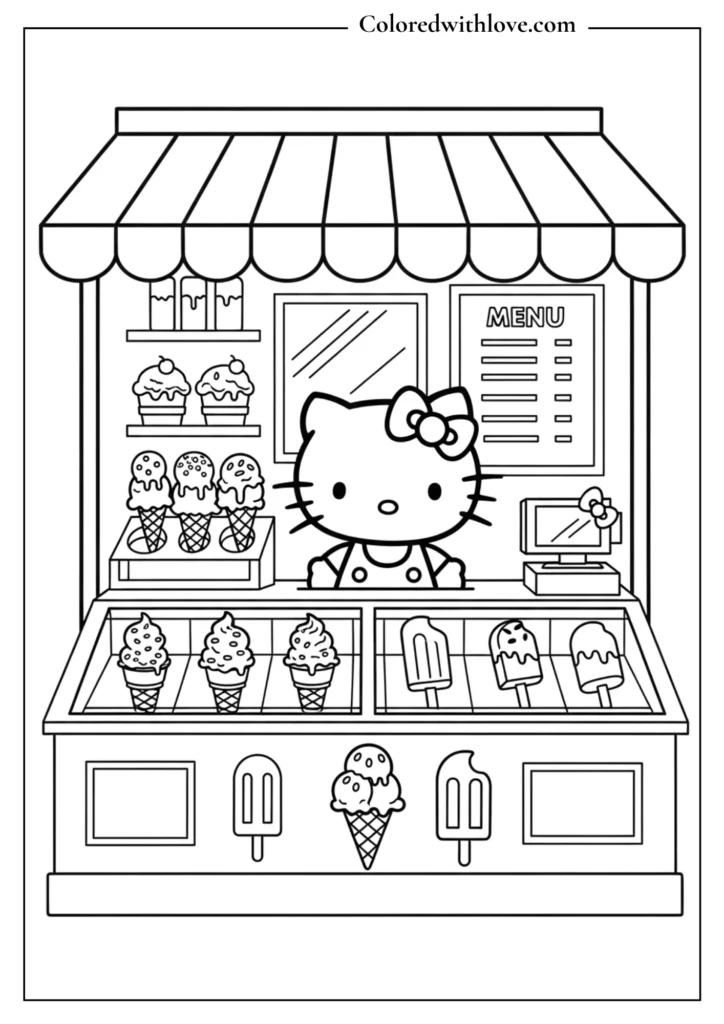 Hello Kitty selling ice cream cones and popsicles at a cute shop stand coloring page.