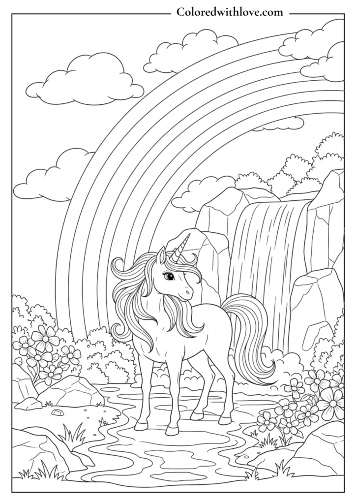 A majestic unicorn near a waterfall with a big rainbow in the sky