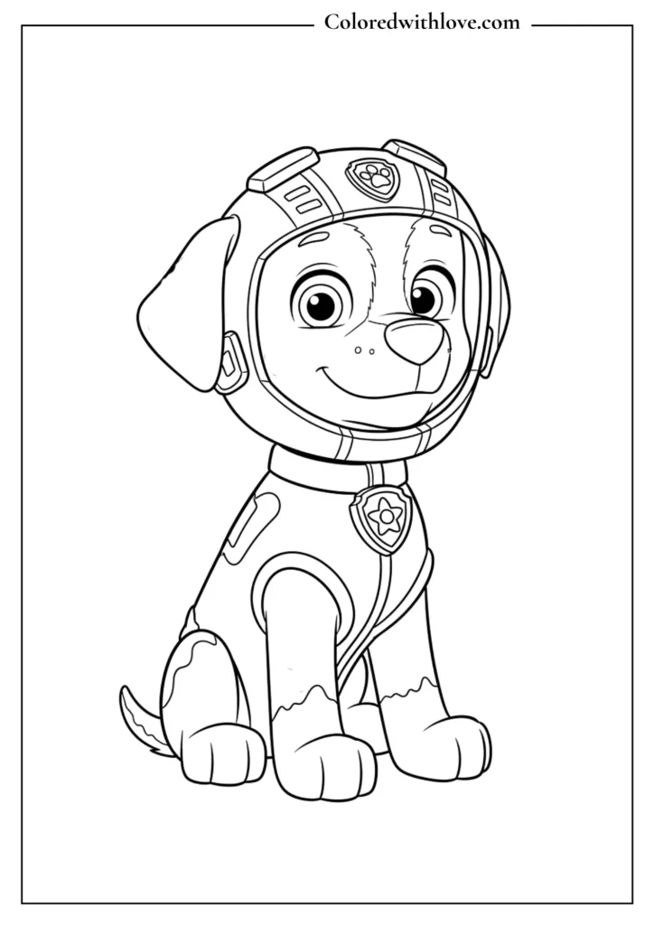 Paw Patrol Zuma wearing rescue helmet sitting coloring page