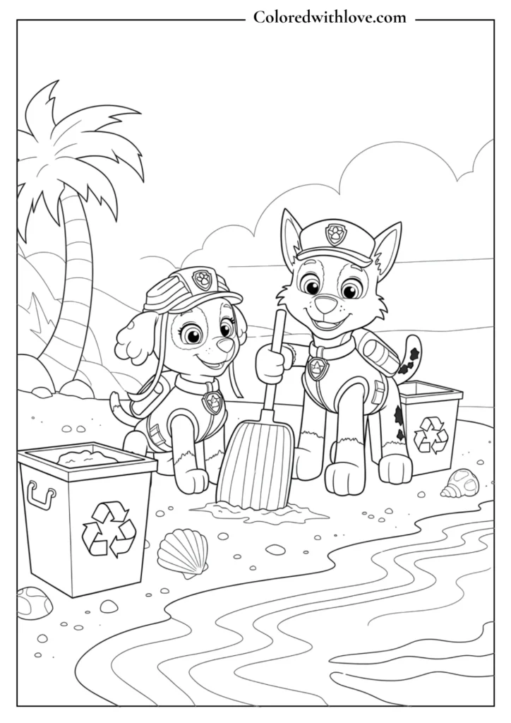 Paw Patrol Zuma and Rocky cleaning beach with recycling bins coloring page