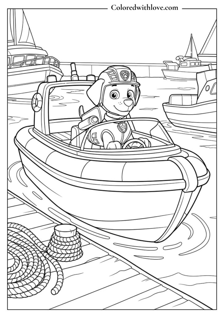 Paw Patrol Zuma driving rescue boat at harbor dock coloring page