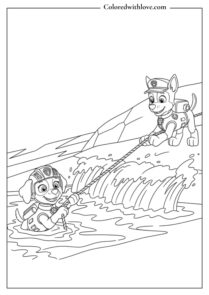 Paw Patrol Zuma rescue scene pulling pup from ocean waves coloring page