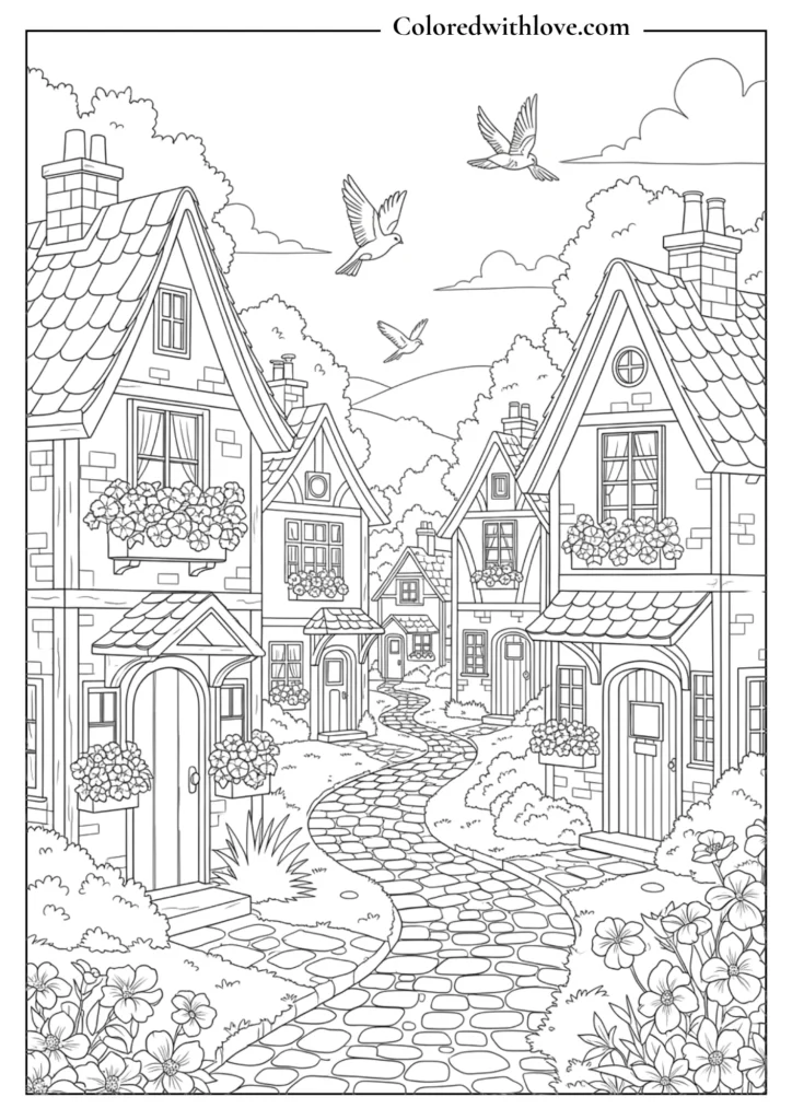 cozy village cottage coloring page with winding stone path, charming houses, flowers and birds flying in the sky printable