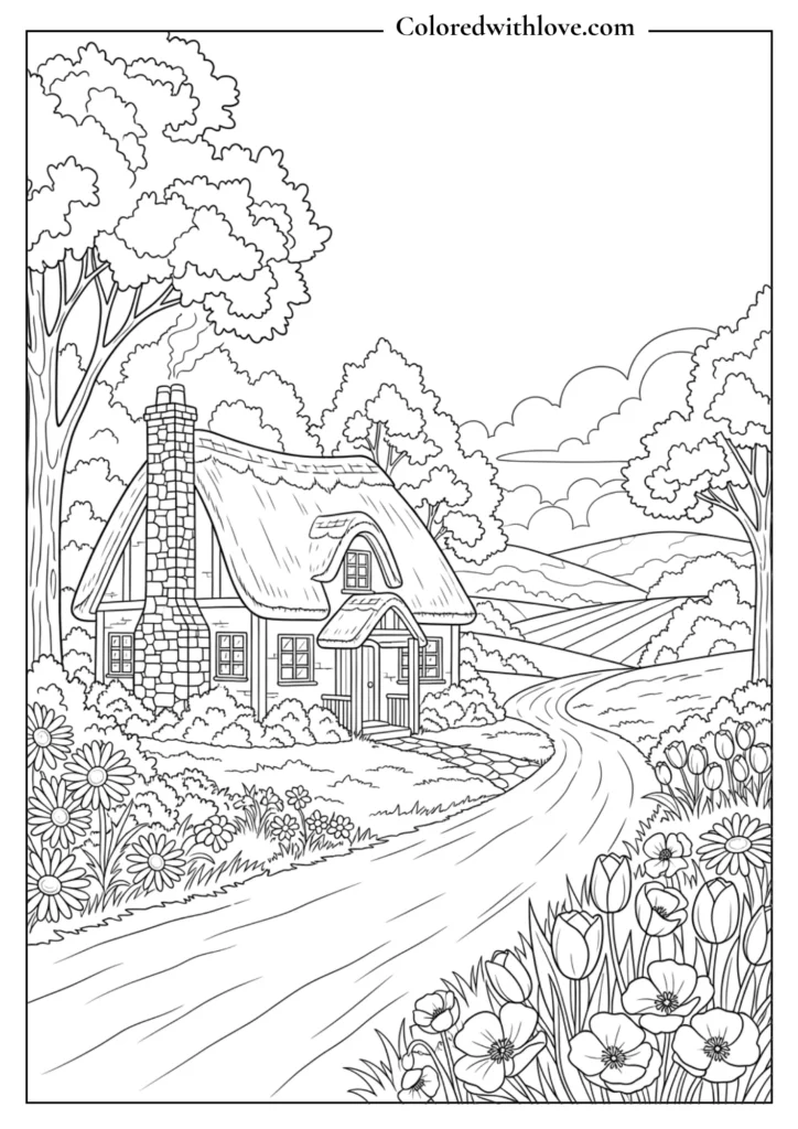 countryside cottage coloring page with winding road, flowers, trees and peaceful rural landscape printable