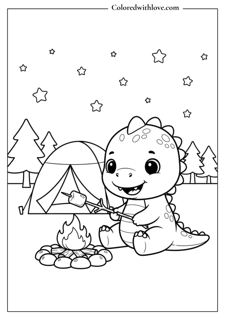 cute dinosaur camping by the fire coloring page for kids
