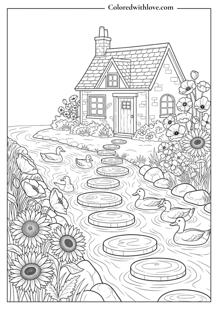 cottage coloring page with ducks in pond, stepping stones, flowers and cozy house nature scene printable