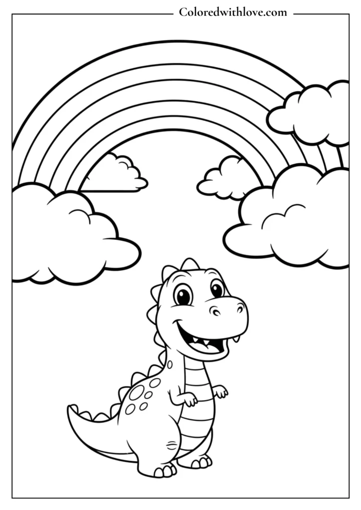 cute dinosaur under rainbow coloring page for kids
