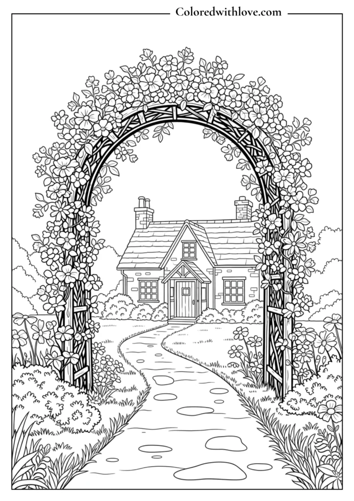 cottage coloring page with floral arch, garden path, flowers and charming house entrance printable