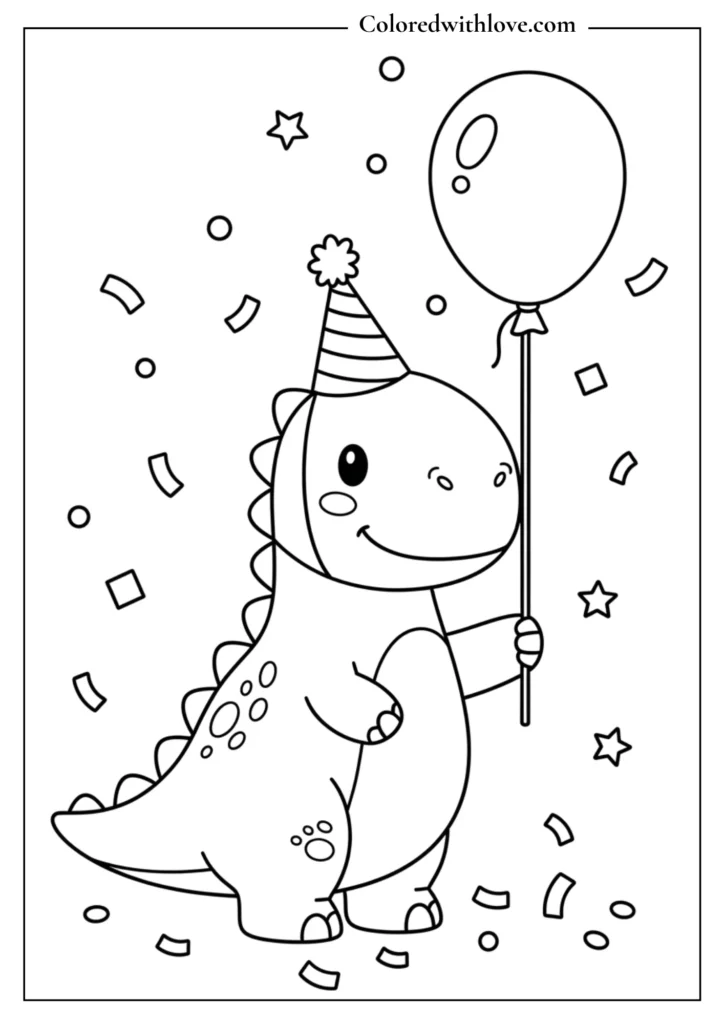 cute dinosaur birthday party coloring page for kids