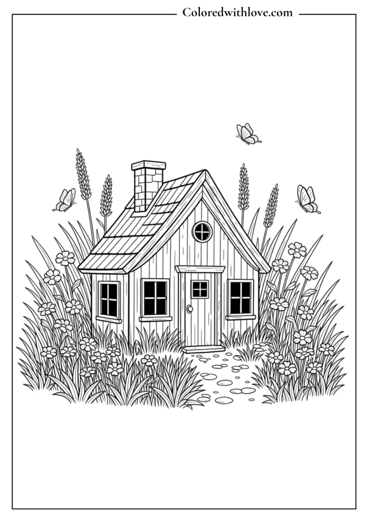 simple cottage coloring page with flowers, grass, butterflies and small cozy house printable