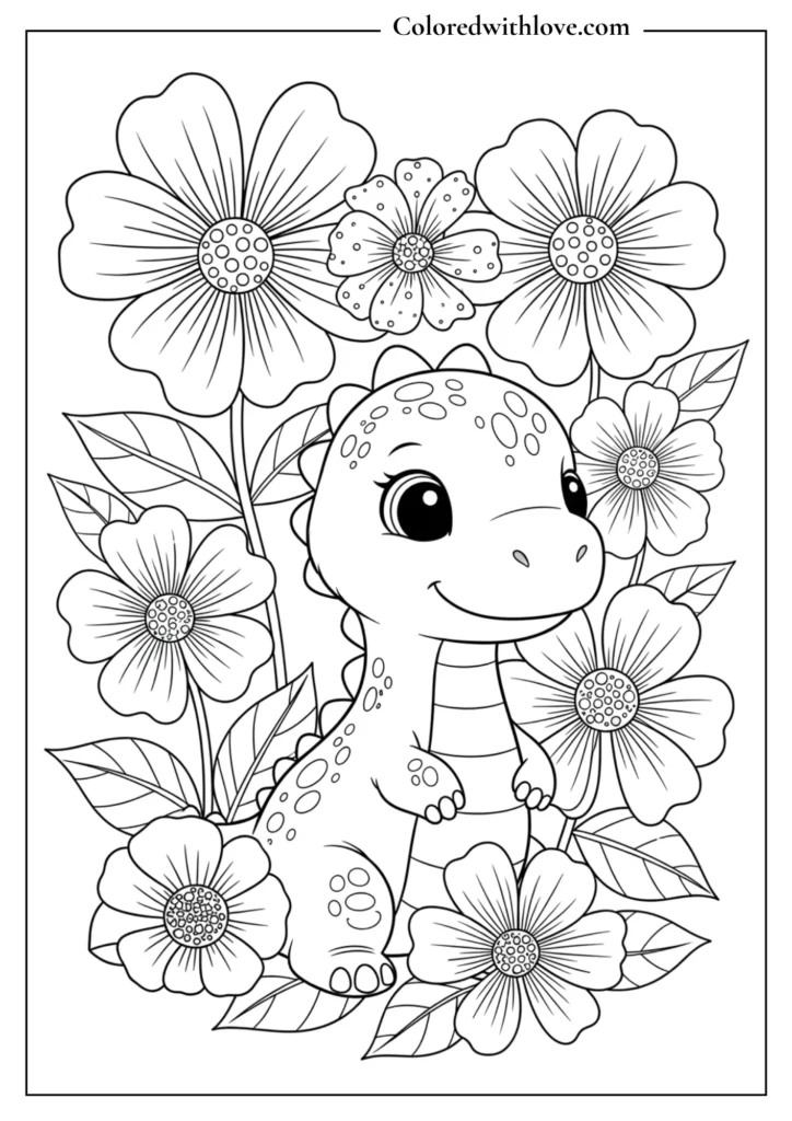 cute dinosaur with flowers coloring page for kids