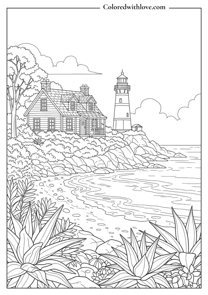 seaside cottage coloring page with lighthouse, ocean waves, rocks and coastal landscape printable
