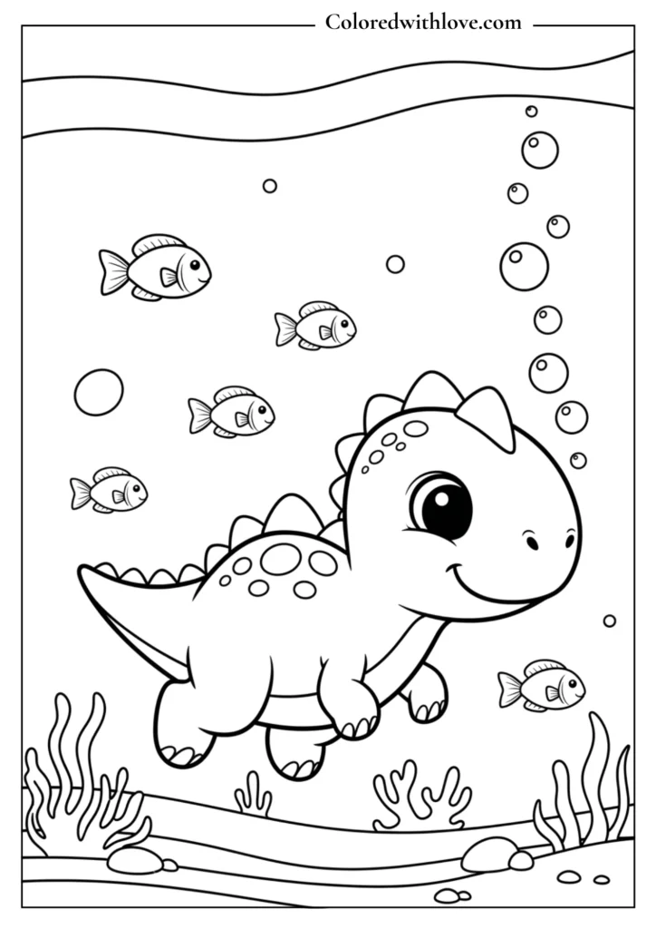 cute dinosaur swimming underwater coloring page for kids