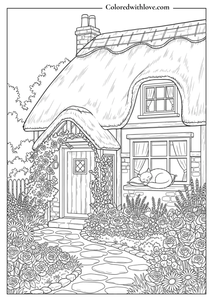 cottage coloring page with ducks in river, stepping stones, flowers and nature scene printable