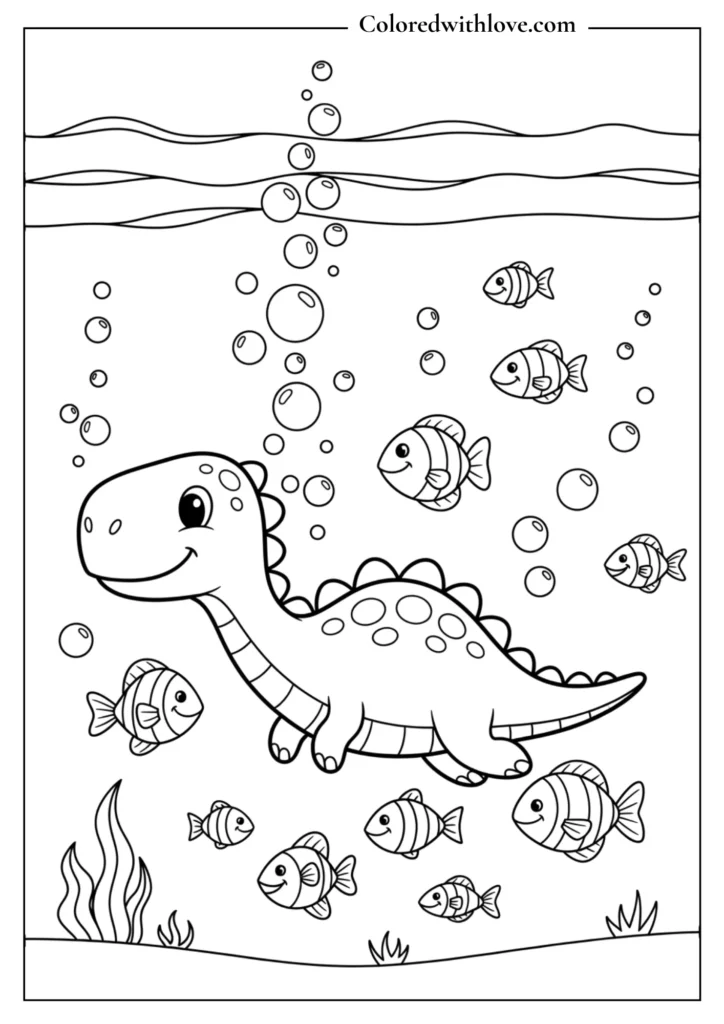 cute dinosaur with fish underwater coloring page for kids