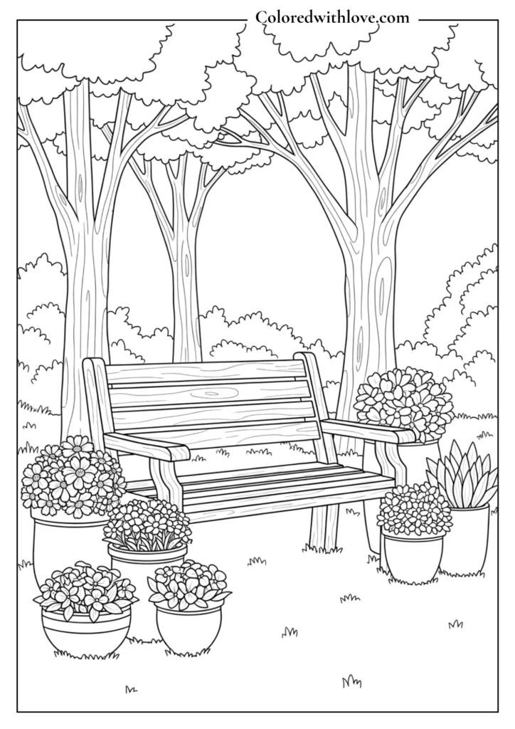 cozy cottage coloring page with sleeping cat on window, flowers and charming garden printable