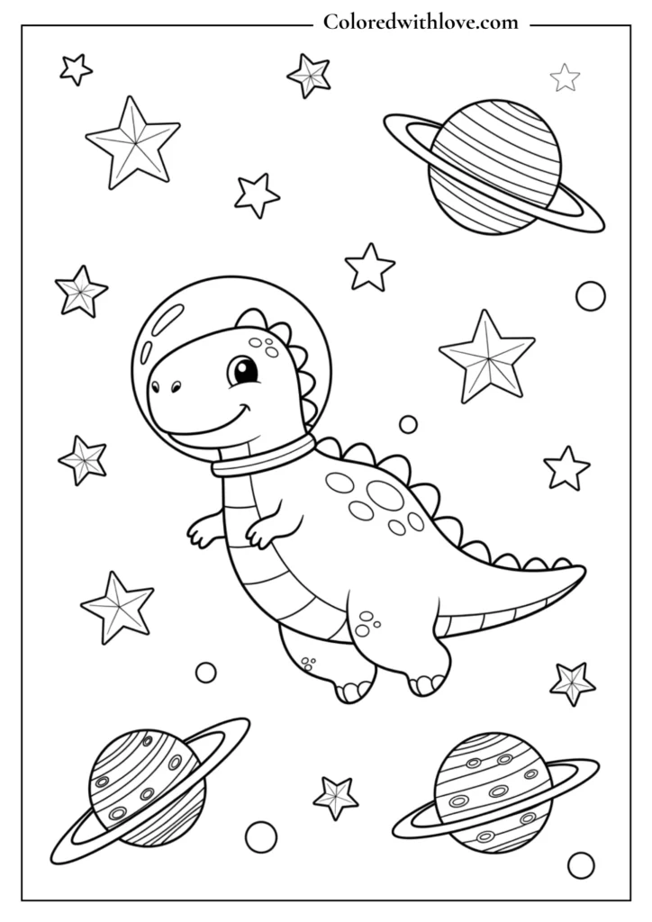 cute dinosaur astronaut in space coloring page for kids