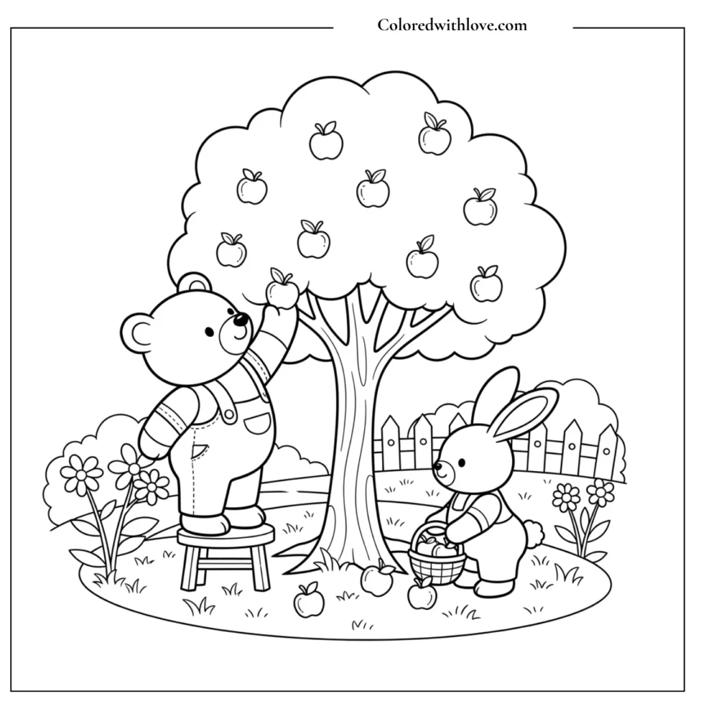 Picking apples in an orchard coloring page
