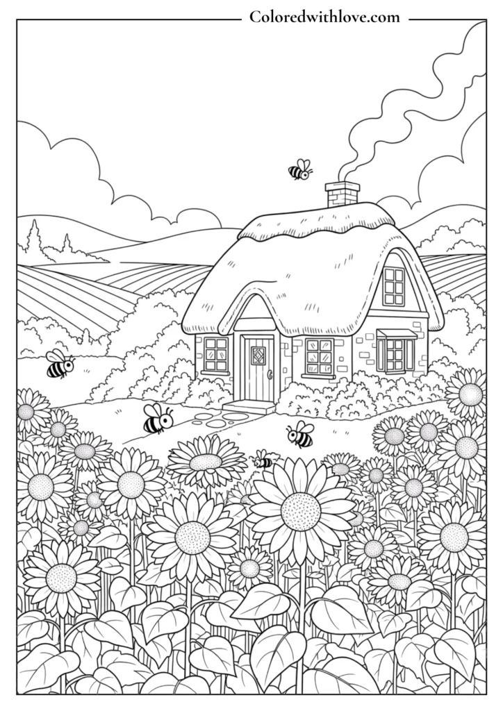garden bench coloring page with plants, trees and peaceful outdoor seating area printable