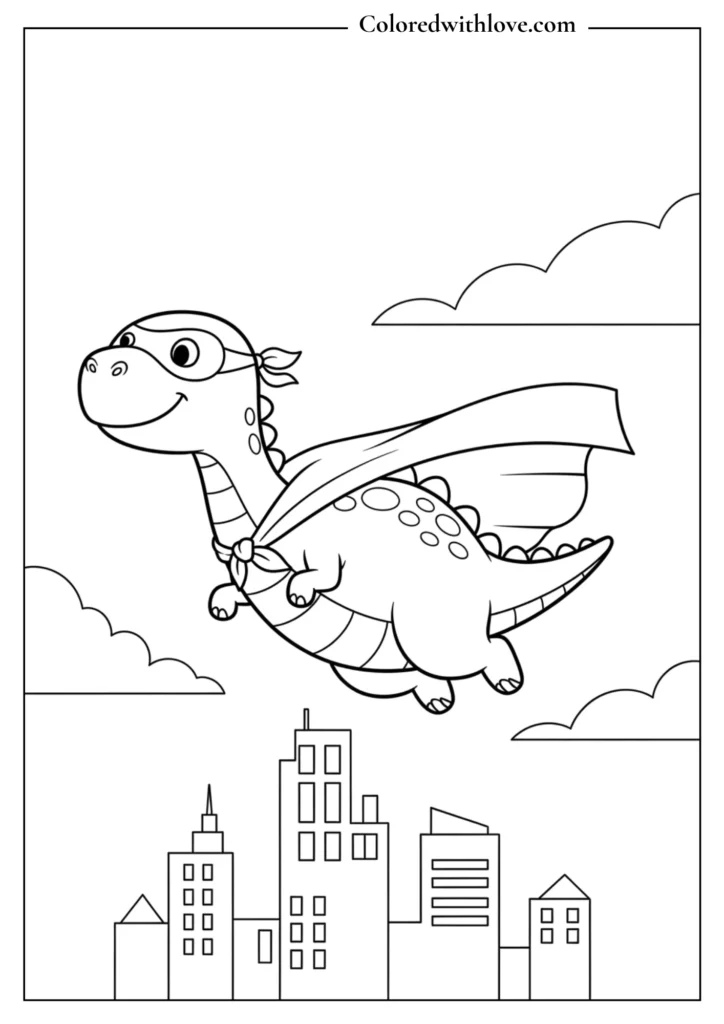 cute superhero dinosaur flying over city coloring page for kids