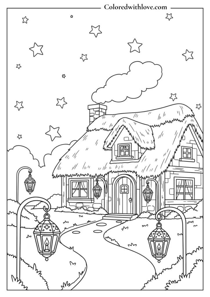 cottage coloring page with bees, flowers, countryside house and nature field printable