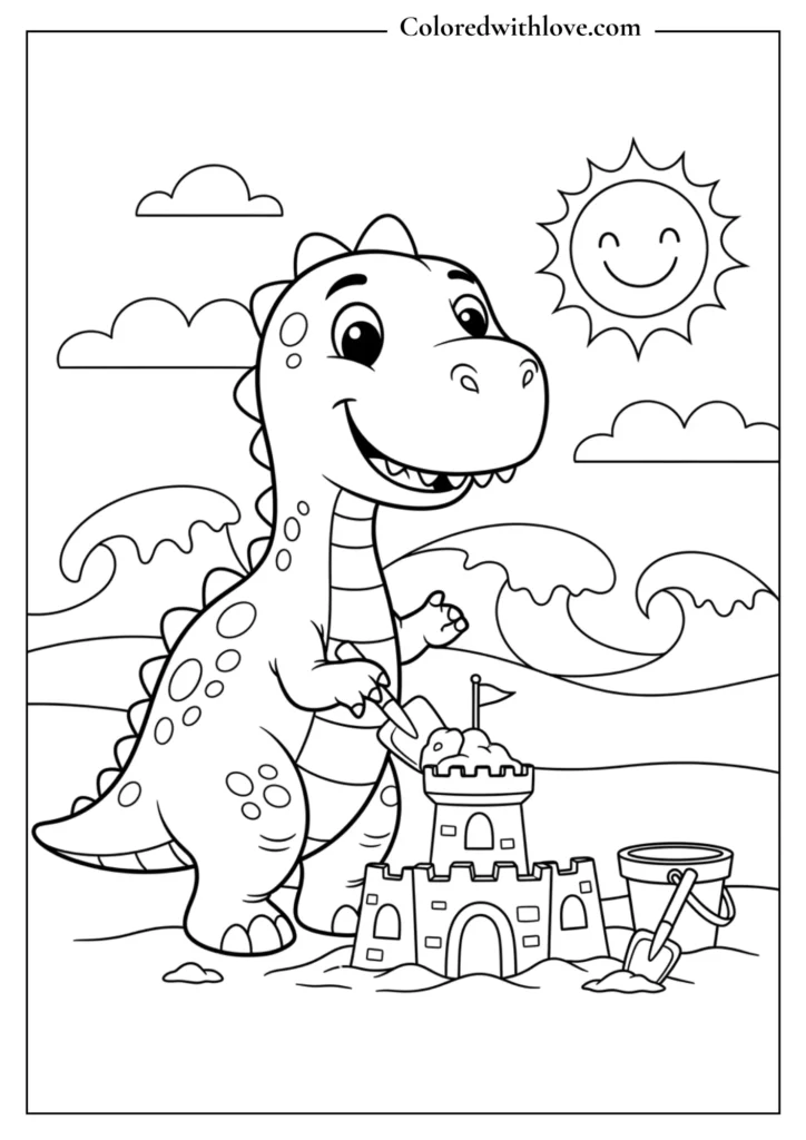 cute dinosaur building sandcastle on the beach coloring page for kids