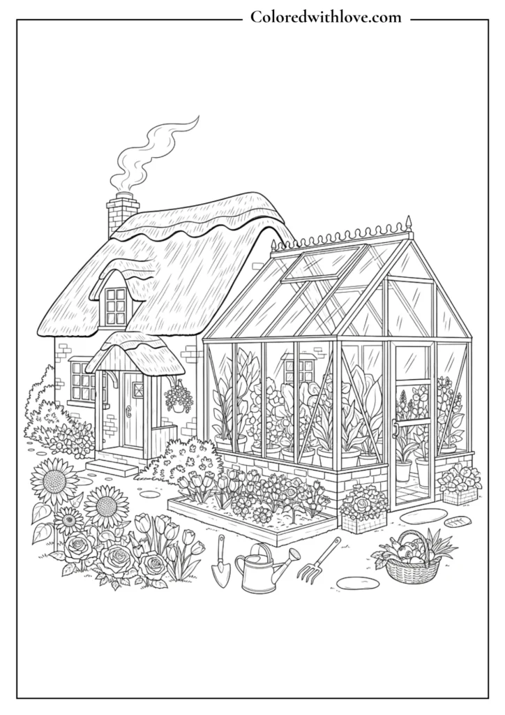 cottage coloring page at night with lanterns, stars, cozy house and magical atmosphere printable