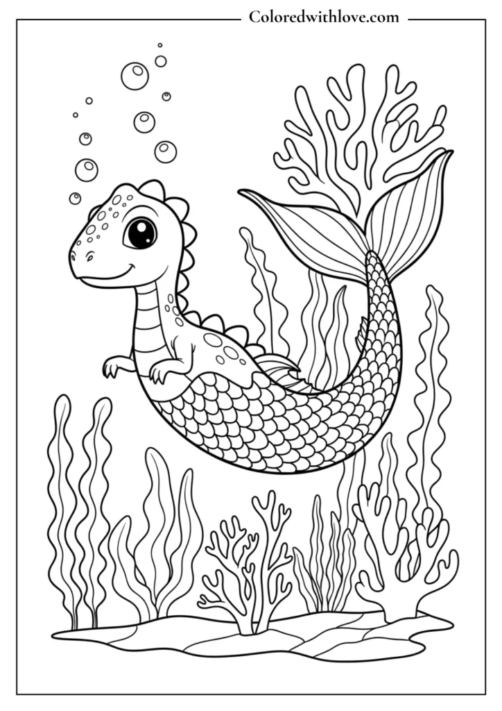 cute mermaid dinosaur underwater coloring page for kids
