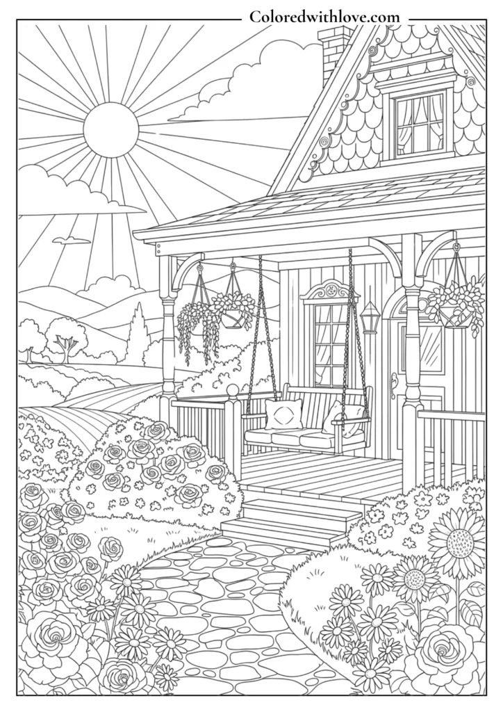 cozy cottage porch coloring page with swing, flowers, sunny sky and garden path detailed printable