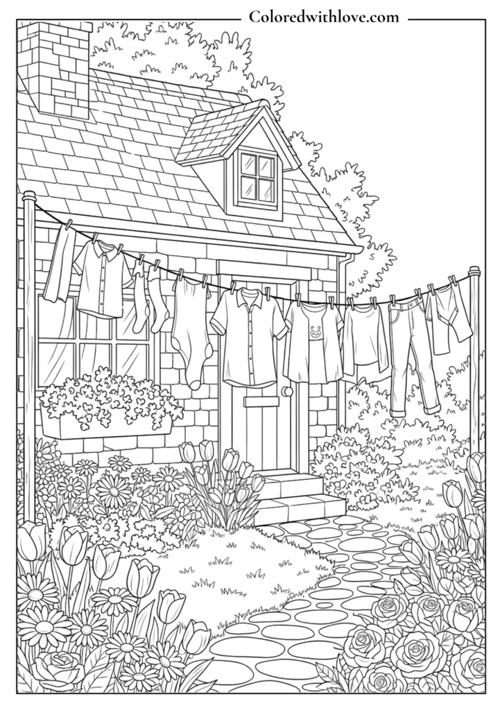 cottage coloring page with greenhouse, garden tools, flowers and cozy backyard printable