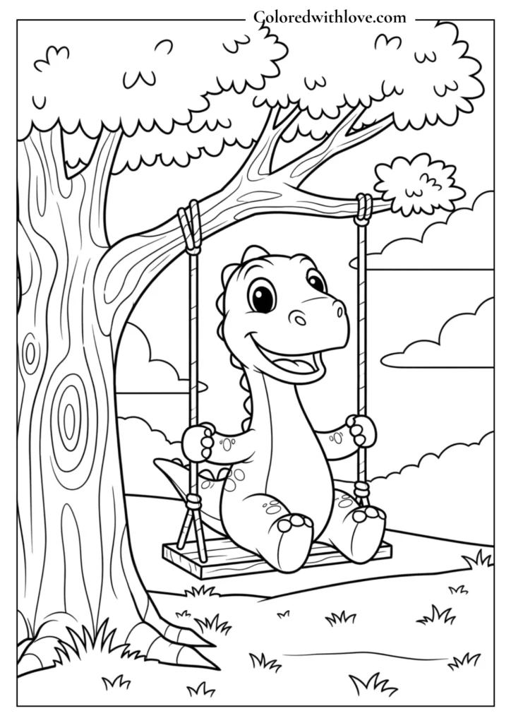 cute dinosaur on tree swing coloring page for kids