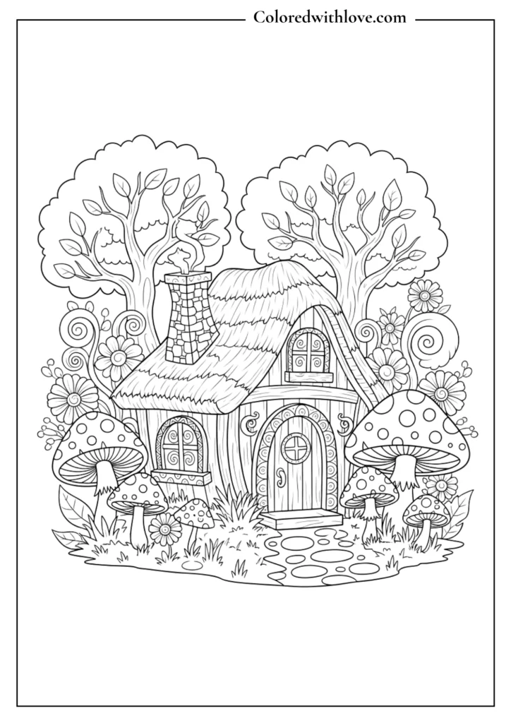 cottage coloring page with mushrooms, trees, whimsical forest elements and cozy small house