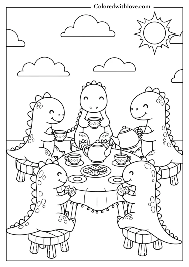 cute dinosaurs having tea party coloring page for kids