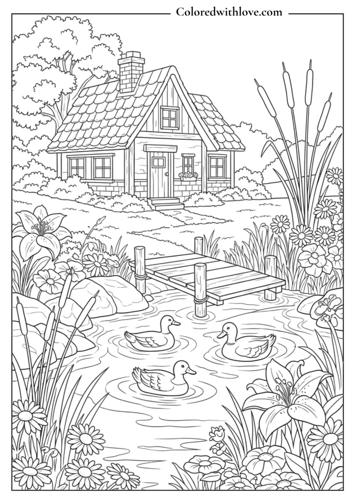 cottage coloring page with pond, ducks, flowers and peaceful nature landscape