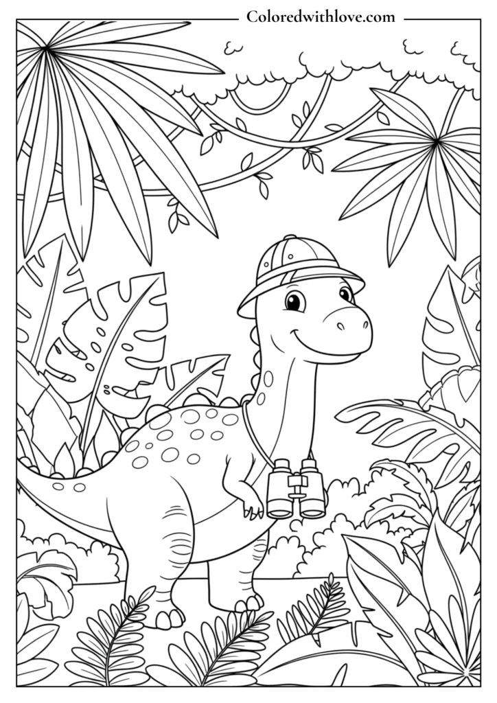 cute dinosaur jungle explorer coloring page for kids