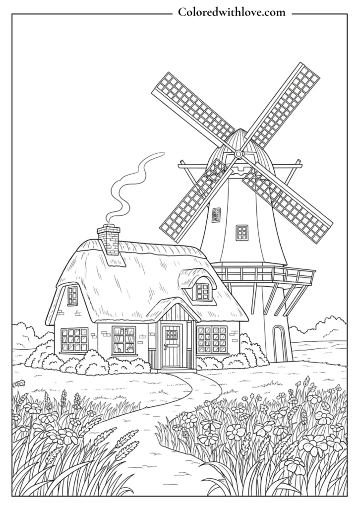 cottage coloring page with windmill, flowers, countryside landscape and cozy house